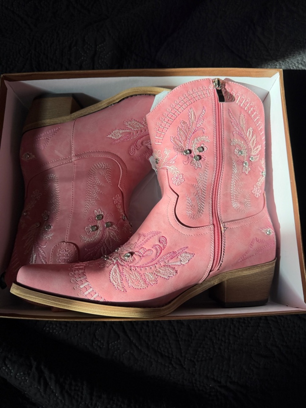Women's Pink Embroidered Western Ankle Boots with Side Zip
